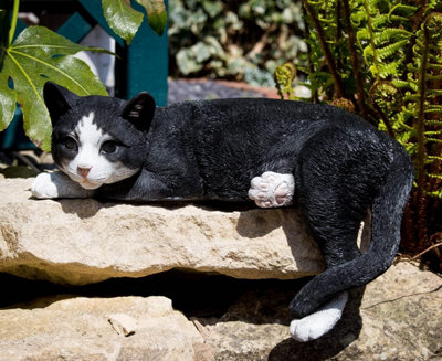 Vivid Arts Real Life Laying Black and White Cat Garden Ornament