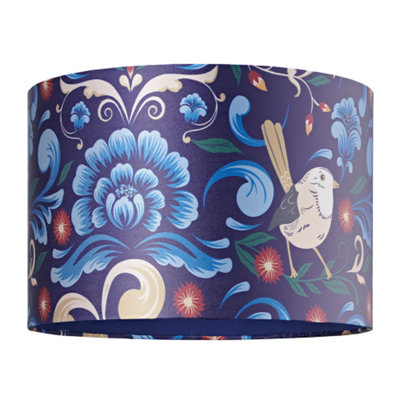 Vivid Floral Midnight Blue Satin Fabric 12 Drum Lamp Shade with Bird