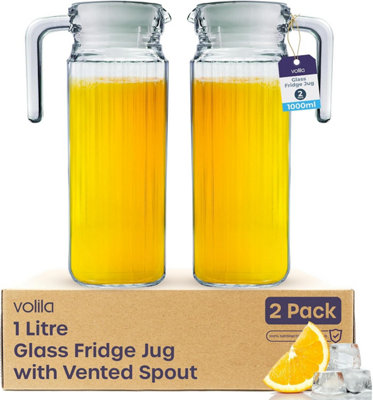 Volila 2 Pack 1L Glass Fridge Jugs with Lids Clear Ribbed Water Pitchers for Juices, Pimms, Picnics, & Everyday Use