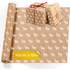 volila Kraft Wrapping Paper - 15M x 43CM Premium Gift Wrapping Paper Roll Reindeer Patterned with Strings - Brown Paper Roll Used