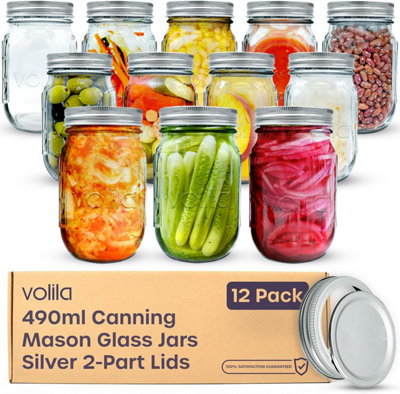 volila Mason Jars with Lids - 12 Pack 490ml Leakproof Glass Jars with Lids for Airtight Seal - Round Mason Jar with Silver 2-Part