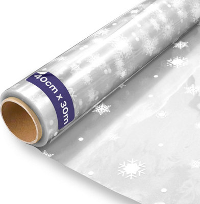 Volila Snowflake Pattern Cellophane Roll 40cm x 30m Clear Wrap for Hampers, Gift Baskets, Florist Wrap, Food Packaging