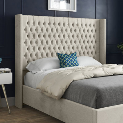 Volta Straight Winged Upholstered Soft Velvet Bed Frame - Cream