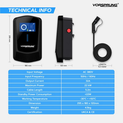 VoltRider Pro (22kW) - Ultra Fast Smart EV Charger with LCD Display - 5-Metre Type 2 - (32A/22kW) - 7