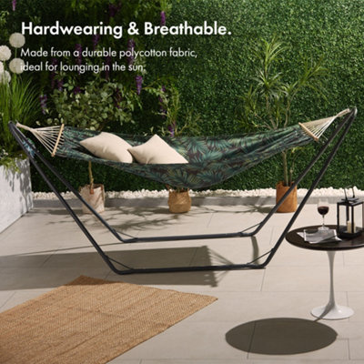 VonHaus 1 Seater Hammock With Frame, Leaf Print 1 Person Garden Hammock, Tropical Style Freestanding Hammock with Steel Stand