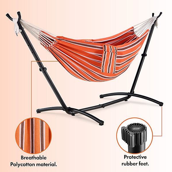 VonHaus 2 Person Hammock with Stand, Double Hammock, Steel Frame, Orange Stripe Freestanding Cotton Hammock, Dual VonHaus 2 Person Hammock with Stand, Double Hammock, Steel Frame, Orange Stripe Freestanding Cotton Hammock, Dual
