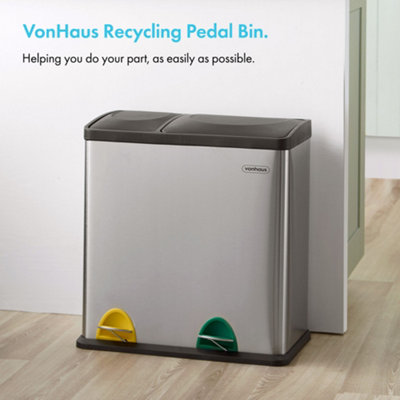 VonHaus 36L Waste & Recycling Kitchen Bin, Stainless Steel 2 Compartment Non-Slip Pedal Bin with Inner Bins (1 x 12L, 1 x 24L)