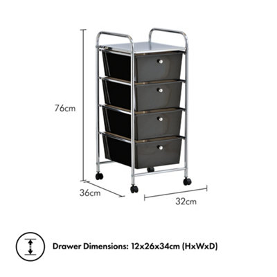 VonHaus 4 Drawer Storage Trolley, Black Wheeled Trolley with Plastic Drawers, Organiser for Bedroom, Bathroom, Home Office