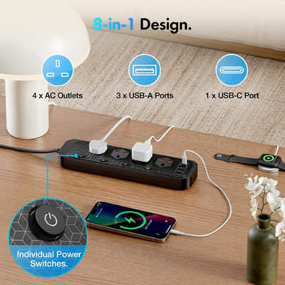 Vonhaus 4 Socket Extension Lead with USB-C & USB-A Ports, 2m Multi-Plug ...
