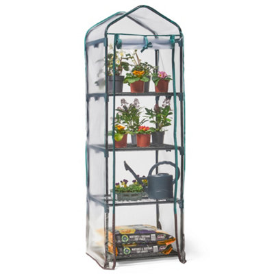 VonHaus 4 Tier Mini Plastic PVC Greenhouse, Small Plant House/Grow House for Garden, Roll Up Zip Panel Door, Easy No Tool Assembly