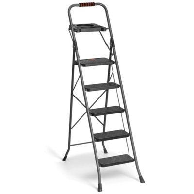 VonHaus 5 Step Ladder, Heavy Duty Folding Steel Frame Stool with Tool ...