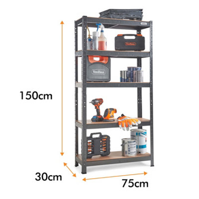 VonHaus 5-Tier Garage Shelves, Heavy Duty Racking with 875kg Capacity, 175KG p/Shelf, Durable Metal Storage for Shed and Workshop