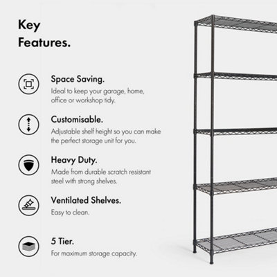 VonHaus 5 Tier Wire Shelving Unit for Storage - 170cm x 80cm x 30cm Black Powder Coated Metal Shelves for Any Room in the House