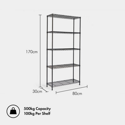 VonHaus 5 Tier Wire Shelving Unit for Storage - 170cm x 80cm x 30cm Black Powder Coated Metal Shelves for Any Room in the House