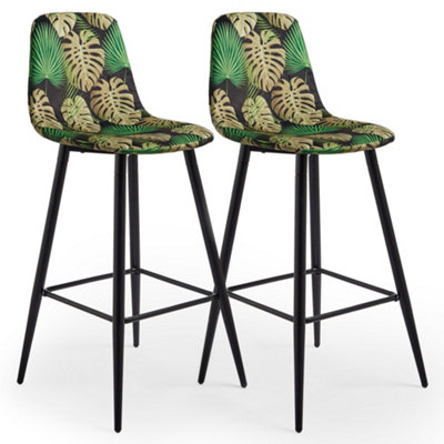 VonHaus Bar Stools Set of 2, Velvet Kitchen Stools with Back Rests, Palm Leaf Print Breakfast Bar Stools with Black Metal Legs