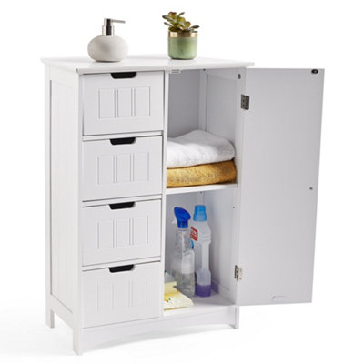 VonHaus Bathroom Floor Cabinet, White Storage Unit, 4 Drawer Cupboard & Adjustable Shelf, Shaker Style Cabinet, Freestanding Unit