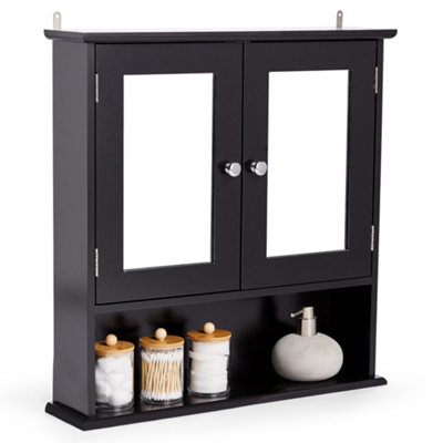 VonHaus Bathroom Mirror Cabinet, Black Bathroom Wall Cabinet, 2 Door Bathroom Cabinet, Bathroom Storage w/Shelves & Chrome Handles