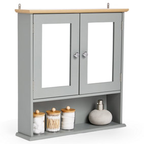 VonHaus Bathroom Mirror Cabinet, Grey Bathroom Wall Cabinet, Wood Effect Top, 2 Door Bathroom Mirrored Cabinet, 3 Internal Shelves