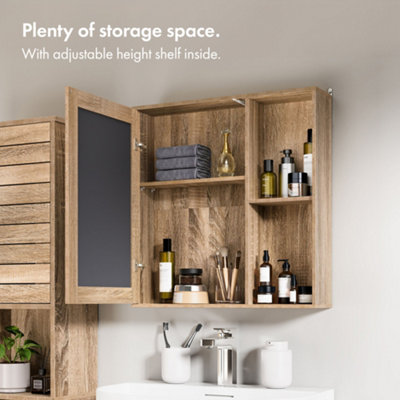 VonHaus Bathroom Mirror Cabinet Oak Wood Effect Cabinet with Mirror with Adjustable Internal Shelf Handleless