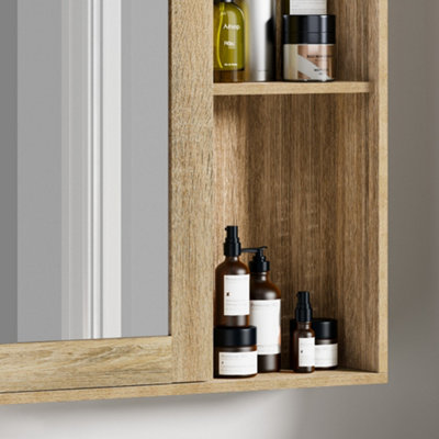 VonHaus Bathroom Mirror Cabinet, Oak Wood Effect Cabinet with Mirror with Adjustable Internal ...