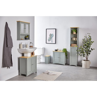 VonHaus Bathroom Storage Box - Grey Bathroom Box w/ Solid Rubberwood Lid - Toilet Roll Storage Box - Cleaning Products Organiser