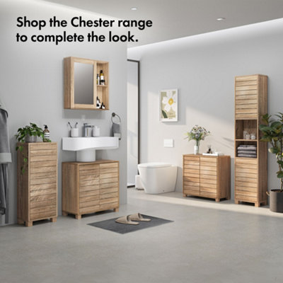 VonHaus Bathroom Storage Cabinet Oak Wood Effect Floor Cabinet with Handleless Design Freestanding Towel Storage Unit Chester DIY at B Q