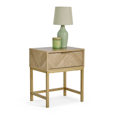 VonHaus Bedside Table for Bedroom, Herringbone 1 Drawer Bedside Cabinet with Gold Handles & Legs, Light Wood Effect, Ducie