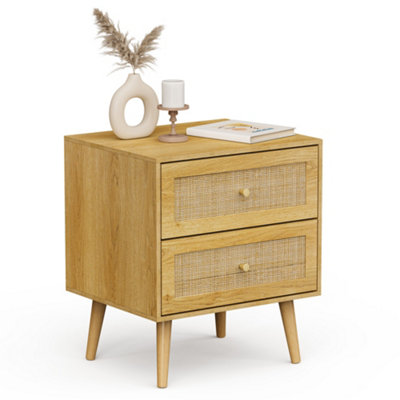 VonHaus Bedside Table for Bedroom, Scandi Natural Rattan 2 Drawer Nightstand, Side Table for Living Room, Bedside Storage Cabinet