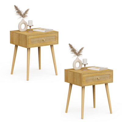VonHaus Bedside Tables Set of 2 for Bedroom, Scandi Natural Rattan 1 Drawer Nightstand - Side Table for Living Room Storage