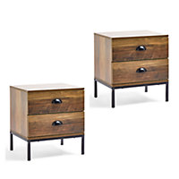VonHaus Bedside Tables Set of 2, Pair of Dark Wood Effect Nightstands, Matching 2 Drawer Industrial Style Bedside Cabinets