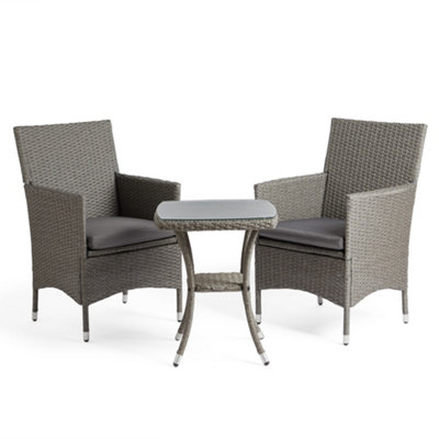 VonHaus Bistro Table & Chairs Set 2, Rattan Effect Garden Furniture Set for 2 People & Removable Cushions, Grey Woven Wicker, Bali