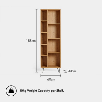 VonHaus Bookcase Oak Wood Effect, Tall Bookshelf for Living Room, Large Shelving Display Unit with 9 Shelves & Black Hairpin Legs