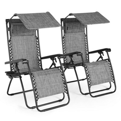VonHaus Canopy Zero Gravity Chairs Set, Set of 2 Weather Resistant Folding Textoline Recliner Sun Loungers w/ Sun Shade for Garden