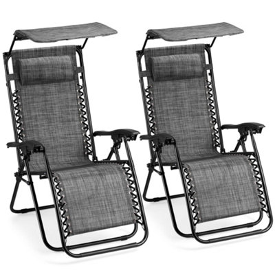 VonHaus Canopy Zero Gravity Chairs Set, Set of 2 Weather Resistant Folding Textoline Recliner Sun Loungers w/ Sun Shade for Garden