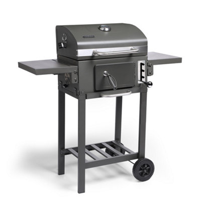 VonHaus Charcoal BBQ, Barbecue with Warming Rack, Temp Gauger, Storage Shelf, Side Tables, Wheels, Grill Meat, Fish & Veg