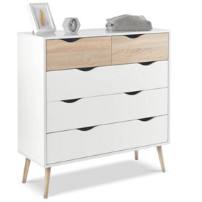 VonHaus Chest Of Drawers, 5 Drawer Dresser, White & Oak Wood Effect Storage Cabinet for Bedroom w/Tapered Legs & Cut Out Handles