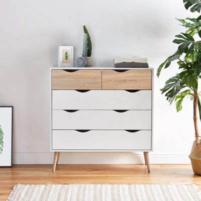 VonHaus Chest Of Drawers, 5 Drawer Dresser, White & Oak Wood Effect Storage  Cabinet for Bedroom