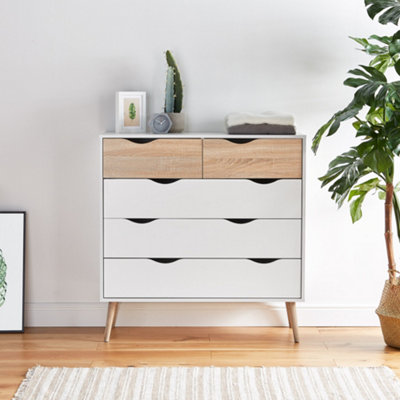 VonHaus Chest Of Drawers, 5 Drawer Dresser, White & Oak Wood Effect Storage Cabinet for Bedroom w/Tapered Legs & Cut Out Handles