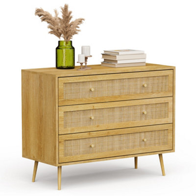VonHaus Chest of Drawers for Bedroom, Scandi Style Natural Rattan 3 Drawer Organiser, Wicker ...