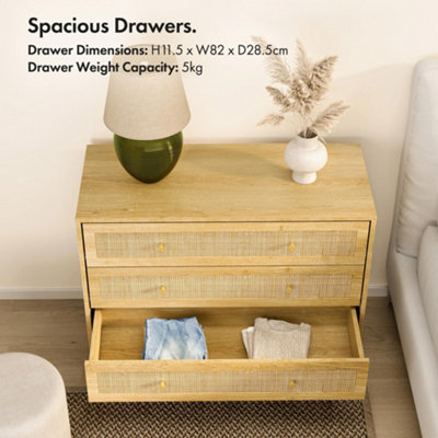 VonHaus Chest of Drawers for Bedroom, Scandi Style Natural Rattan 3 Drawer Organiser, Wicker ...