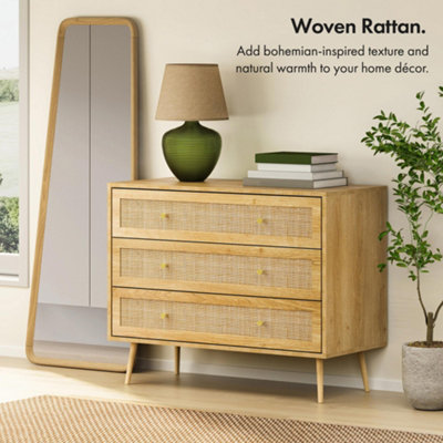 VonHaus Chest of Drawers for Bedroom, Scandi Style Natural Rattan 3 Drawer Organiser, Wicker ...