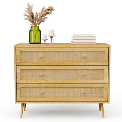 VonHaus Chest of Drawers for Bedroom, Scandi Style Natural Rattan 3 ...