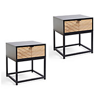 VonHaus Chevron Bedside Tables Set of 2, Black & Wood Effect Side Tables, 1 Drawer Side Tables for Living Room, Modern End Tables