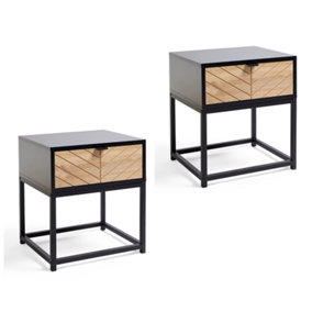 VonHaus Chevron Bedside Tables Set of 2, Black & Wood Effect Side Tables, 1 Drawer Side Tables for Living Room, Modern End Tables