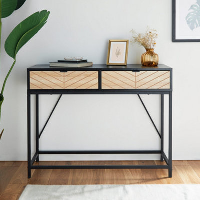 VonHaus Chevron Console Table, Black & Light Wood Effect Hallway Table, 2 Drawer Entryway Hall Table with Metal Frame, Dalton