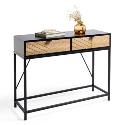 VonHaus Chevron Console Table, Black & Light Wood Effect Hallway Table, 2 Drawer Entryway Hall Table with Metal Frame, Dalton