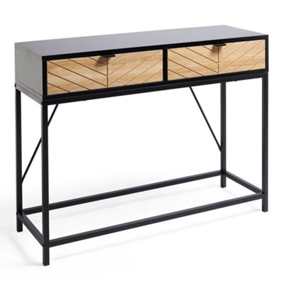 VonHaus Chevron Console Table, Black & Light Wood Effect Hallway Table, 2 Drawer Entryway Hall Table with Metal Frame, Dalton