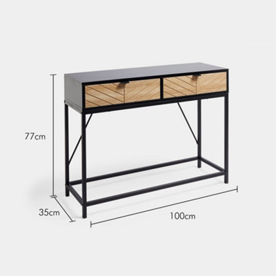 VonHaus Chevron Console Table, Black & Light Wood Effect Hallway Table, 2 Drawer Entryway Hall Table with Metal Frame, Dalton