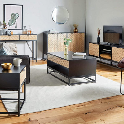 VonHaus Chevron Console Table, Black & Light Wood Effect Hallway Table, 2 Drawer Entryway Hall Table with Metal Frame, Dalton