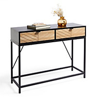 VonHaus Chevron Console Table - Black & Light Wood Effect Hallway Table - Modern 2 Drawer Entryway Table, Hall Table w/Metal Frame